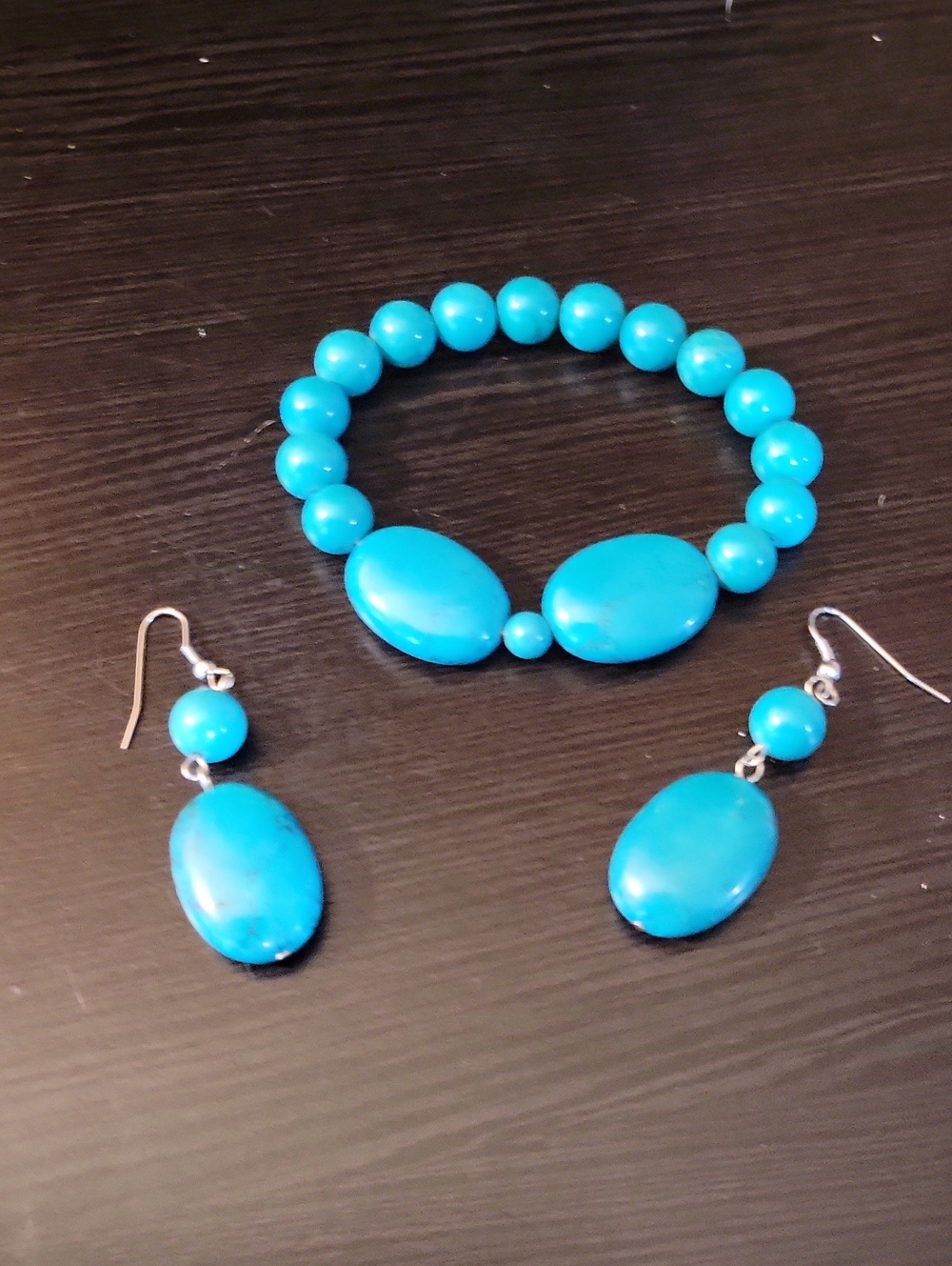 Turquoise Bead Stretch Bracelet — Bright Blue Bracelet and Earrings